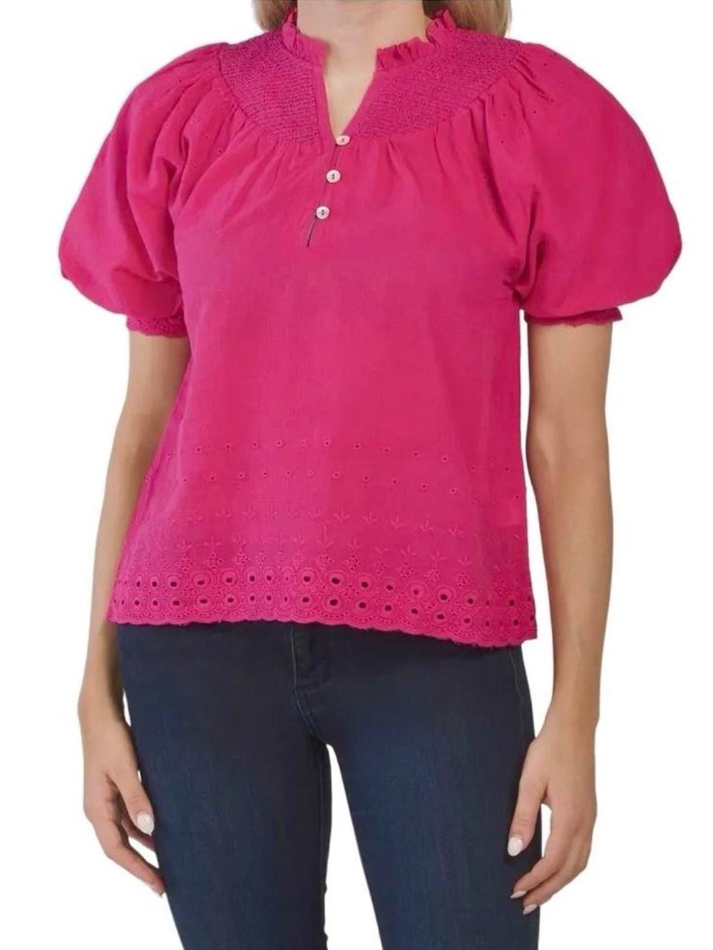 House of Harlow 1960 Eyelet Puff Sleeve Top Scallop Hem Cotton Boho Blouse